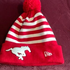 New Era Red and White Striped Pom Beanie